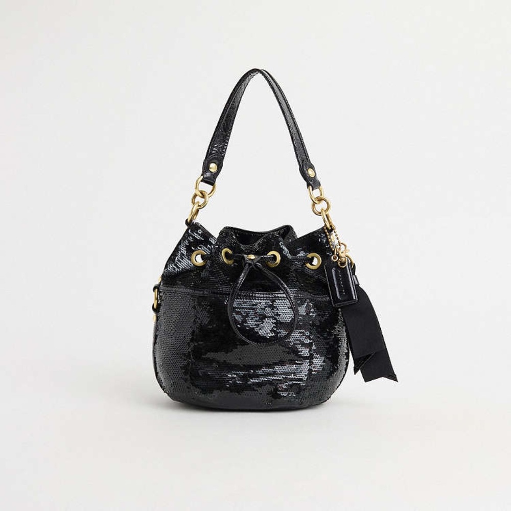 Coach 17906 Sequin Poppy Cinch Black Gold Drawstring Bag Vintage